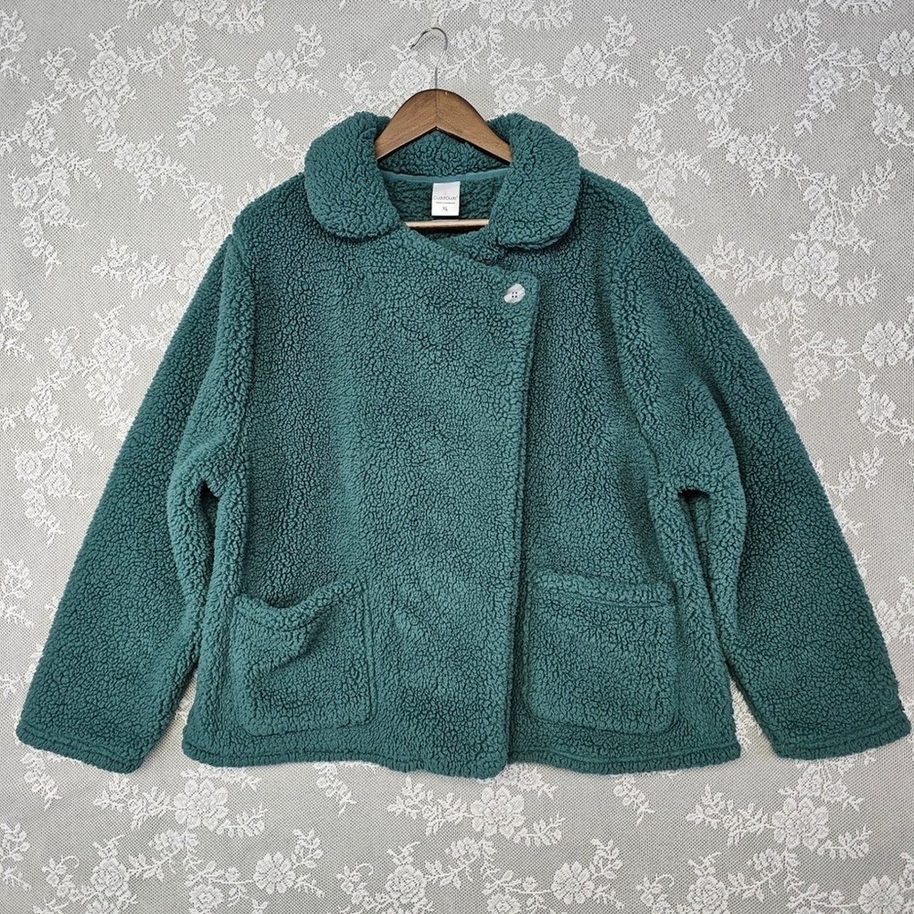 Cuddl Duds Womens XL Teddy Sherpa Wrap Jacket Green Cozy‎ Fleece Teddy Coat